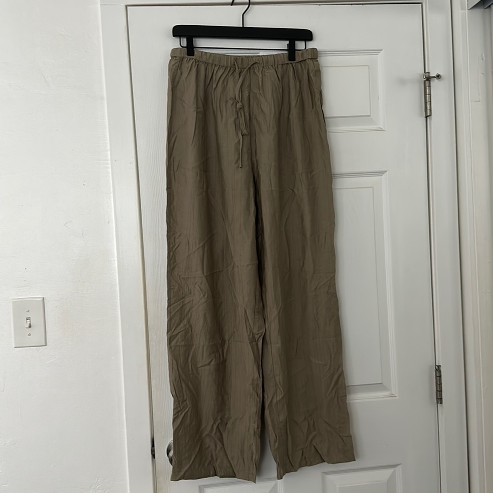 SHEIN Olive Green Flowy Linen Drawstring Pants